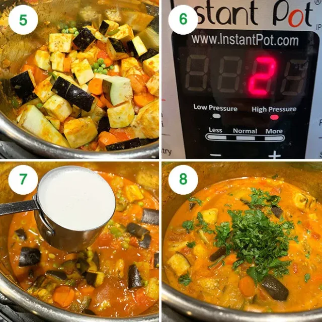 step by step picture collage of making eggplant carrot curry in instant pot